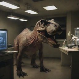 The visitors escape the pursuing Tyrannosaurus Rex by the skin of their teeth. They find sanctuary in the lab on the island, their frightened faces lit by the dim emergency lights, as they silently hope the night will pass.