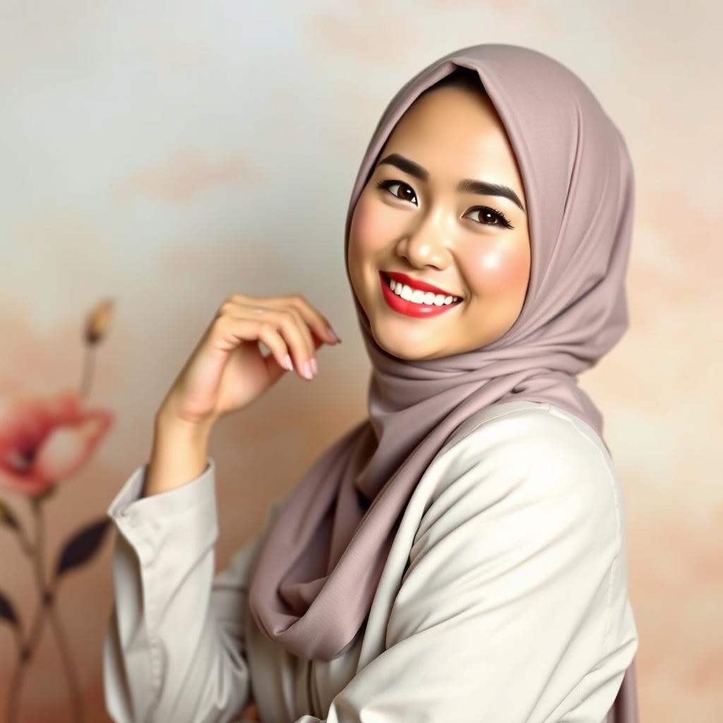 A beautiful Indonesian woman with white skin and a radiant smile, elegantly posed in a way that highlights her confidence and grace