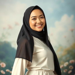 A beautiful Indonesian woman with white skin and a radiant smile, elegantly posed in a way that highlights her confidence and grace