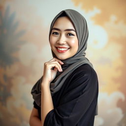 A beautiful Indonesian woman with white skin and a radiant smile, elegantly posed in a way that highlights her confidence and grace
