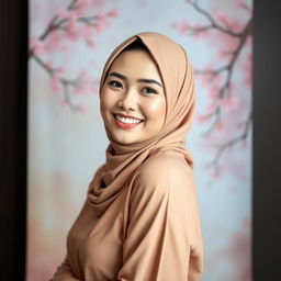 A beautiful Indonesian woman with white skin and a radiant smile, elegantly posed in a way that highlights her confidence and grace