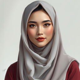 A stunning Indonesian woman with white skin, elegantly wearing a beautiful hijab that frames her face and enhances her graceful demeanor