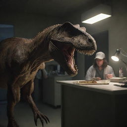 The visitors escape the pursuing Tyrannosaurus Rex by the skin of their teeth. They find sanctuary in the lab on the island, their frightened faces lit by the dim emergency lights, as they silently hope the night will pass.