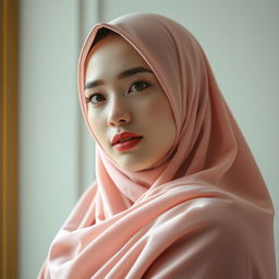 A stunning Indonesian woman with white skin, elegantly wearing a beautiful hijab that frames her face and enhances her graceful demeanor