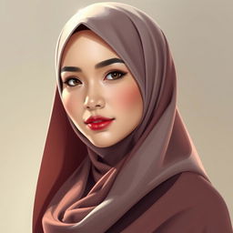 A stunning Indonesian woman with white skin, elegantly wearing a beautiful hijab that frames her face and enhances her graceful demeanor