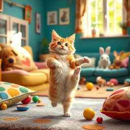 A whimsical scene featuring a cheerful and playful cat gracefully dancing on its hind legs