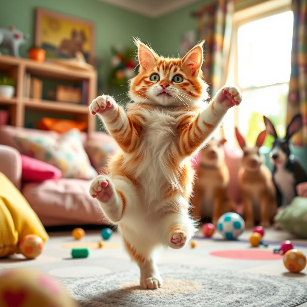 A whimsical scene featuring a cheerful and playful cat gracefully dancing on its hind legs