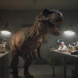 The visitors escape the pursuing Tyrannosaurus Rex by the skin of their teeth. They find sanctuary in the lab on the island, their frightened faces lit by the dim emergency lights, as they silently hope the night will pass.