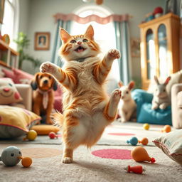 A whimsical scene featuring a cheerful and playful cat gracefully dancing on its hind legs