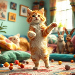 A whimsical scene featuring a cheerful and playful cat gracefully dancing on its hind legs