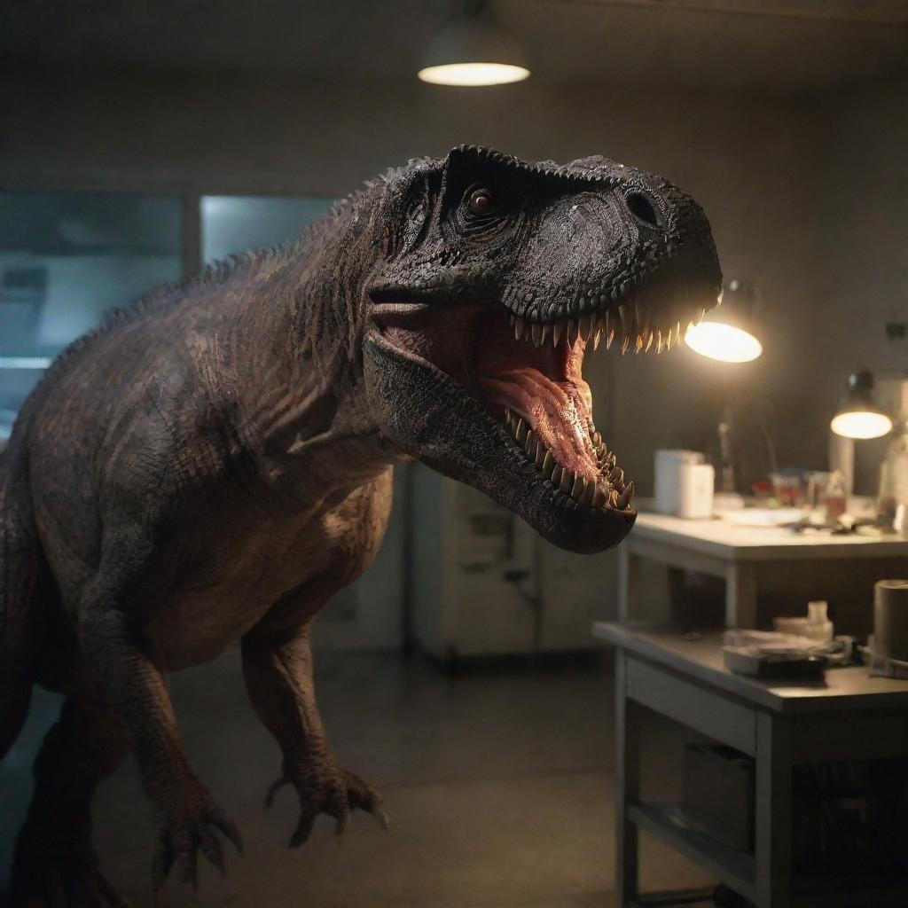 The visitors escape the pursuing Tyrannosaurus Rex by the skin of their teeth. They find sanctuary in the lab on the island, their frightened faces lit by the dim emergency lights, as they silently hope the night will pass.