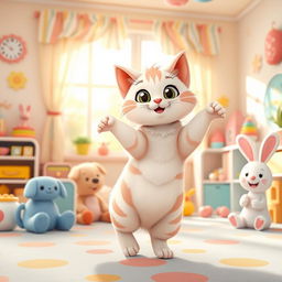 A charming and playful scene of a cartoon-style cat joyfully dancing on its hind legs