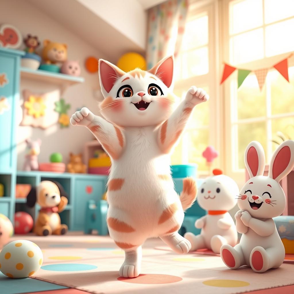 A charming and playful scene of a cartoon-style cat joyfully dancing on its hind legs