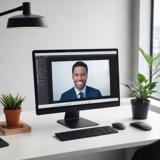 A modern, sleek computer situated on a neat desk, with the Zoom application launched on the screen showcasing an ongoing virtual meeting.