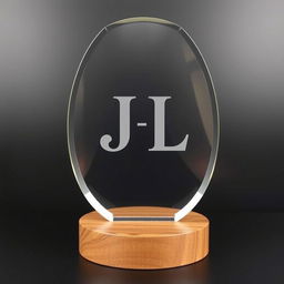 A crystal acrylic trophy with the letters 'J L' engraved on it, placed on a circular wooden base