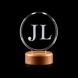 A crystal acrylic trophy with the letters 'J L' engraved on it, placed on a circular wooden base