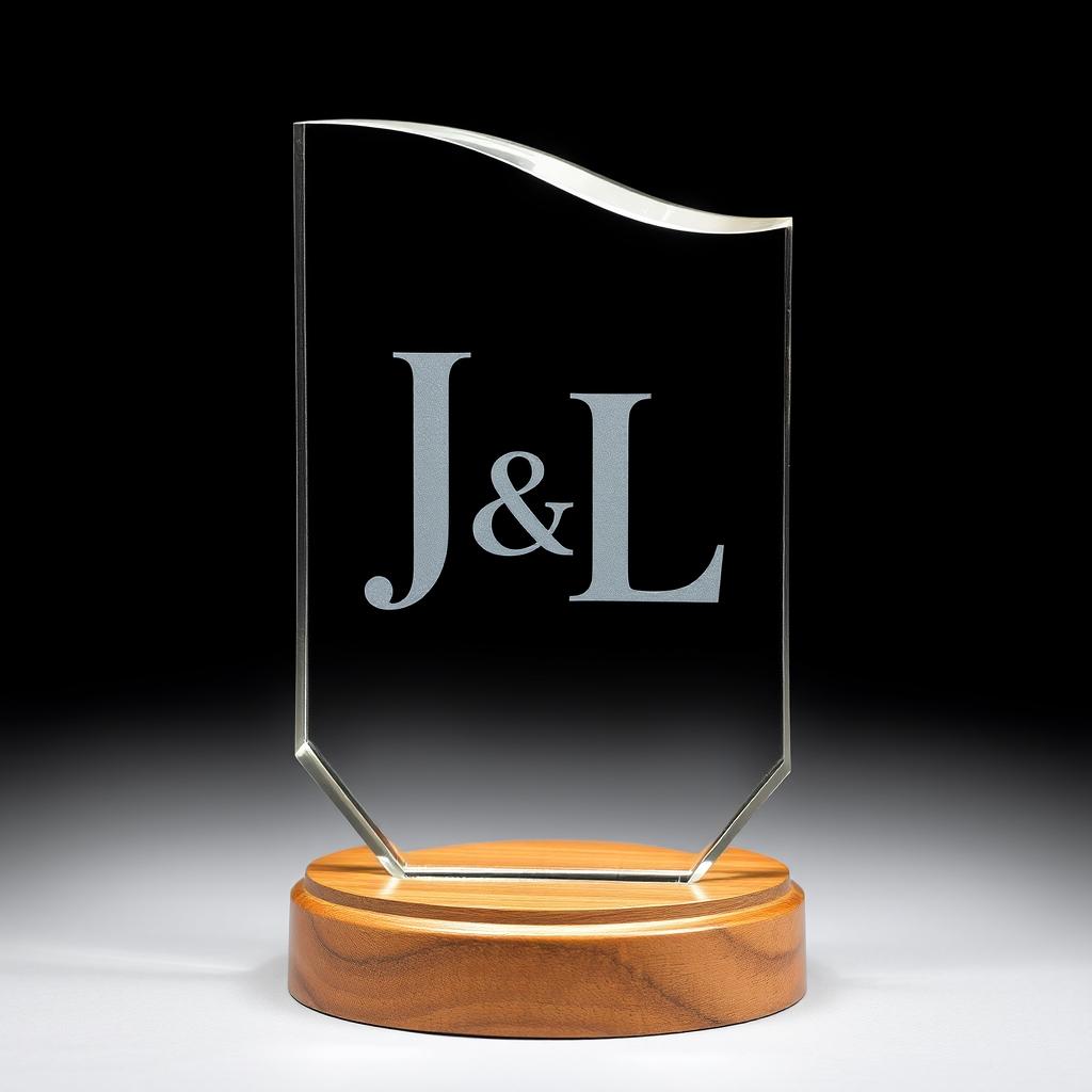 A crystal acrylic trophy with the letters 'J L' engraved on it, placed on a circular wooden base