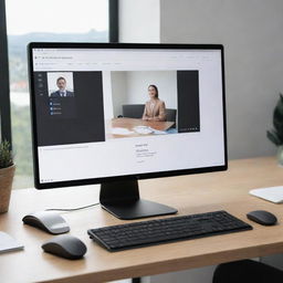 A modern, sleek computer situated on a neat desk, with the Zoom application launched on the screen showcasing an ongoing virtual meeting.