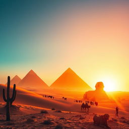 A breathtaking scene showcasing the majestic Pyramids of Giza at sunset, bathed in a warm golden glow