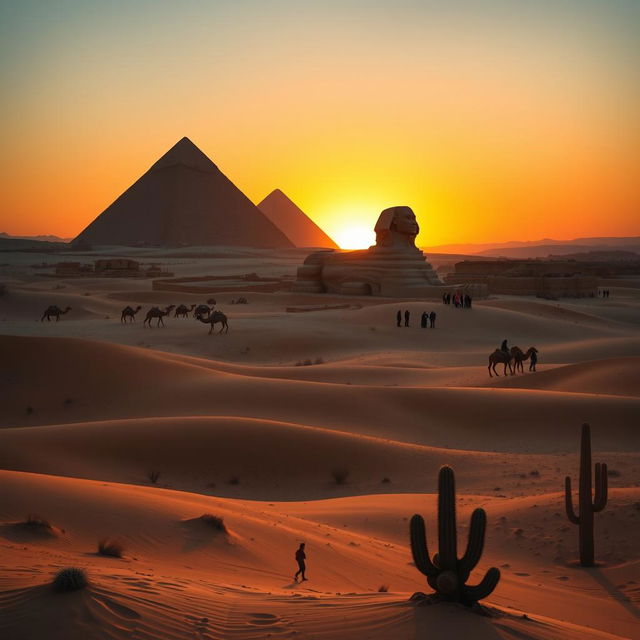 A breathtaking scene showcasing the majestic Pyramids of Giza at sunset, bathed in a warm golden glow