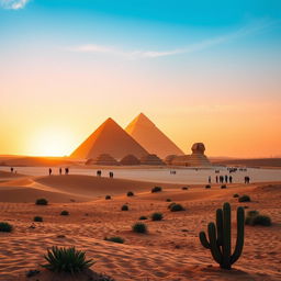 A breathtaking scene showcasing the majestic Pyramids of Giza at sunset, bathed in a warm golden glow