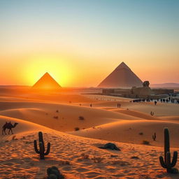 A breathtaking scene showcasing the majestic Pyramids of Giza at sunset, bathed in a warm golden glow