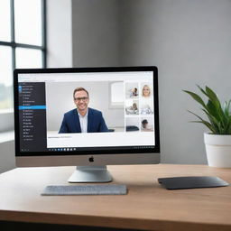 A modern, sleek computer situated on a neat desk, with the Zoom application launched on the screen showcasing an ongoing virtual meeting.