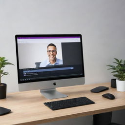 A modern, sleek computer situated on a neat desk, with the Zoom application launched on the screen showcasing an ongoing virtual meeting.