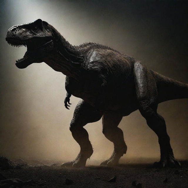 After a nerve-wracking chase, the terrifying Tyrannosaurus Rex finally leaves the area near the lab. Its colossal silhouette slowly fades into the darkness, its fearsome roars diminishing with distance.