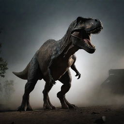 After a nerve-wracking chase, the terrifying Tyrannosaurus Rex finally leaves the area near the lab. Its colossal silhouette slowly fades into the darkness, its fearsome roars diminishing with distance.