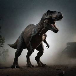 After a nerve-wracking chase, the terrifying Tyrannosaurus Rex finally leaves the area near the lab. Its colossal silhouette slowly fades into the darkness, its fearsome roars diminishing with distance.