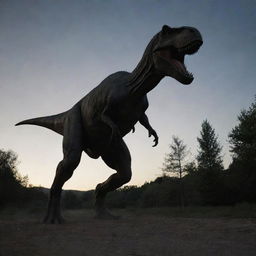 After a nerve-wracking chase, the terrifying Tyrannosaurus Rex finally leaves the area near the lab. Its colossal silhouette slowly fades into the darkness, its fearsome roars diminishing with distance.