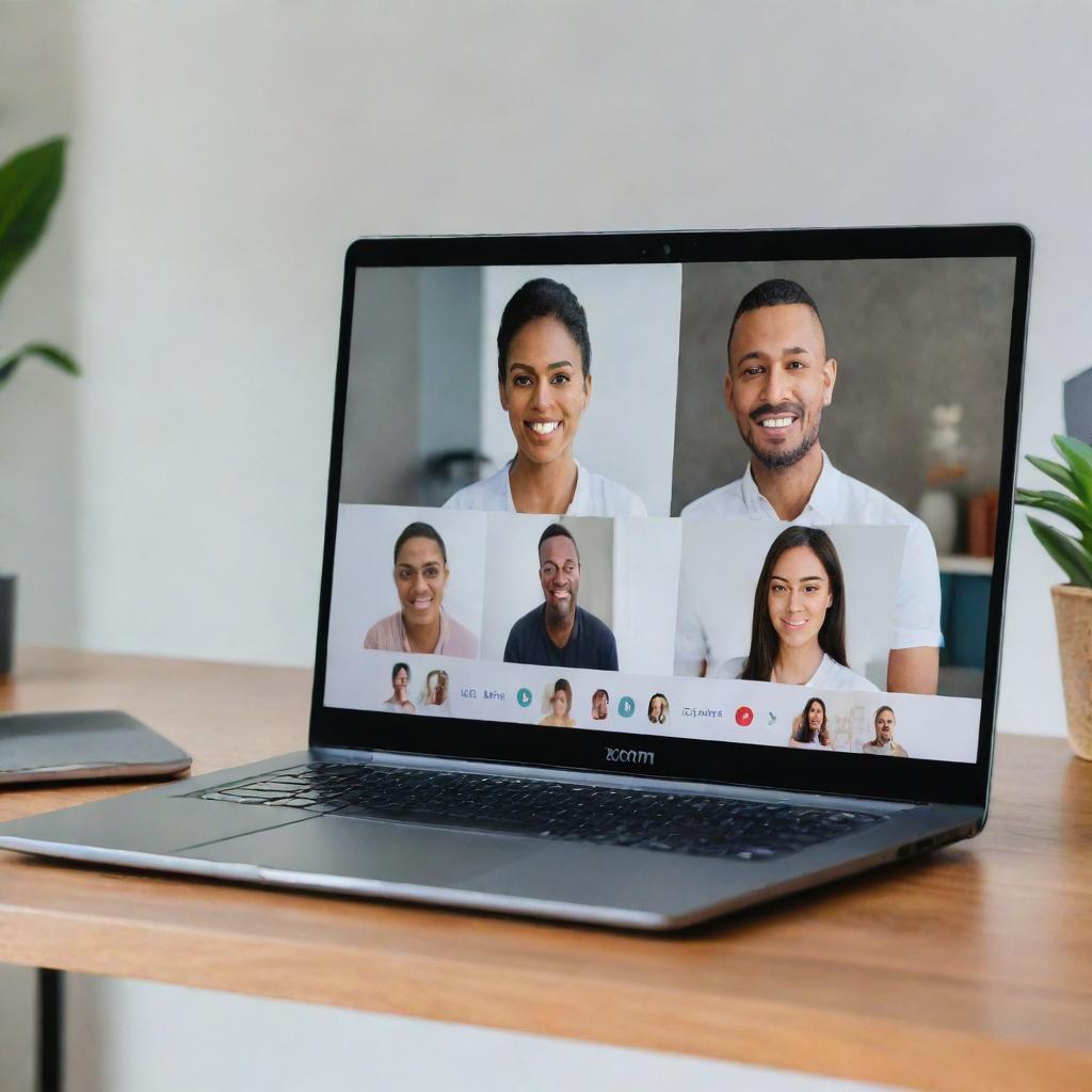 A sleek, modern laptop open on a desk. The screen is displaying the Zoom app interface, ready for a video call.