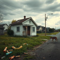 A poignant portrayal of suburb poverty, showcasing a small, dilapidated house on a quiet street with overgrown grass and peeling paint