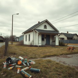 A poignant portrayal of suburb poverty, showcasing a small, dilapidated house on a quiet street with overgrown grass and peeling paint