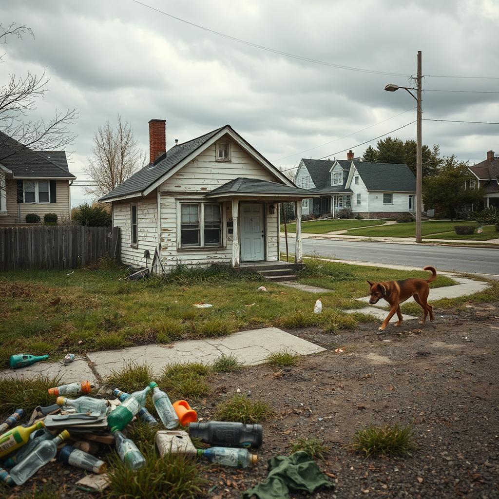 A poignant portrayal of suburb poverty, showcasing a small, dilapidated house on a quiet street with overgrown grass and peeling paint