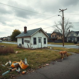 A poignant portrayal of suburb poverty, showcasing a small, dilapidated house on a quiet street with overgrown grass and peeling paint