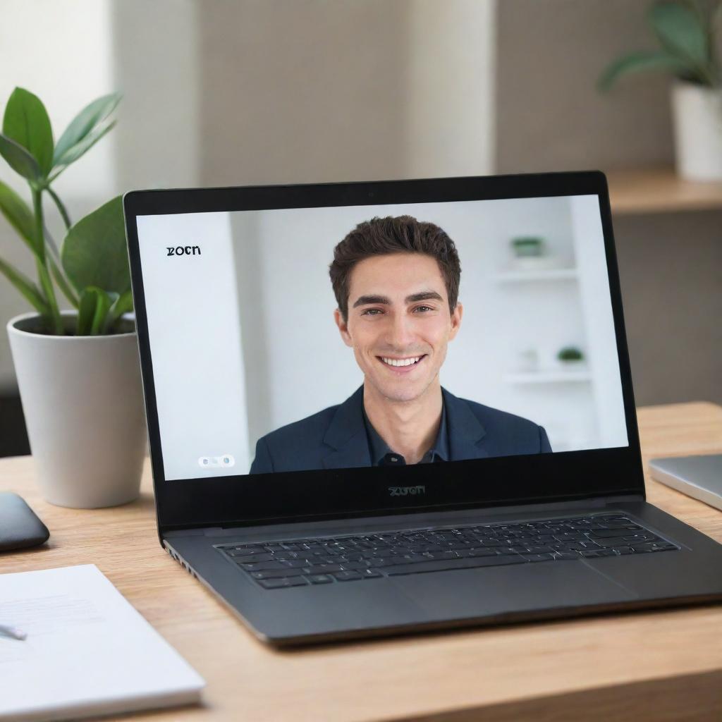 A sleek, modern laptop open on a desk. The screen is displaying the Zoom app interface, ready for a video call.