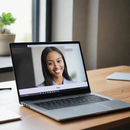 A sleek, modern laptop open on a desk. The screen is displaying the Zoom app interface, ready for a video call.