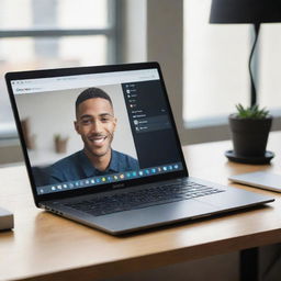 A sleek, modern laptop open on a desk. The screen is displaying the Zoom app interface, ready for a video call.