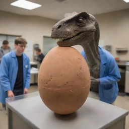 Inside the lab, visitors witness a miraculous moment as a dinosaur egg begins to crack. The teenage awe as a young Brachiosaurus emerges from the egg, demonstrating the wonder of prehistoric life amid the chaos.