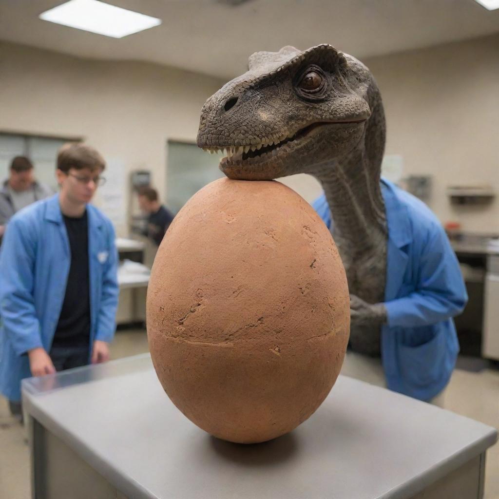 Inside the lab, visitors witness a miraculous moment as a dinosaur egg begins to crack. The teenage awe as a young Brachiosaurus emerges from the egg, demonstrating the wonder of prehistoric life amid the chaos.