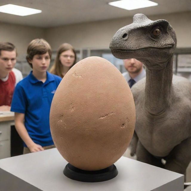 Inside the lab, visitors witness a miraculous moment as a dinosaur egg begins to crack. The teenage awe as a young Brachiosaurus emerges from the egg, demonstrating the wonder of prehistoric life amid the chaos.