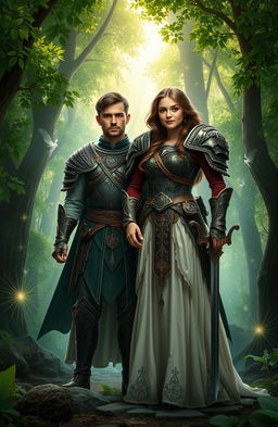 A warrior standing proudly next to his sister in front of a mystical forest, embodying a sense of strength and brotherly love