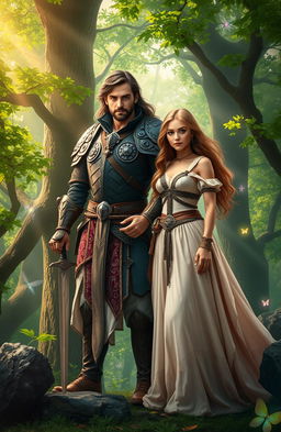 A warrior standing proudly next to his sister in front of a mystical forest, embodying a sense of strength and brotherly love