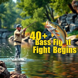 A 3D render captures a vivid bass fishing scene featuring a fisherman standing on the shore of a picturesque lake