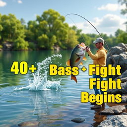 A 3D render captures a vivid bass fishing scene featuring a fisherman standing on the shore of a picturesque lake