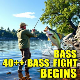 A 3D render captures a vivid bass fishing scene featuring a fisherman standing on the shore of a picturesque lake