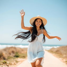 A beautiful Taiwanese woman with long black hair, wearing a light and airy white evening dress and a wide-brimmed straw hat that complements her outfit