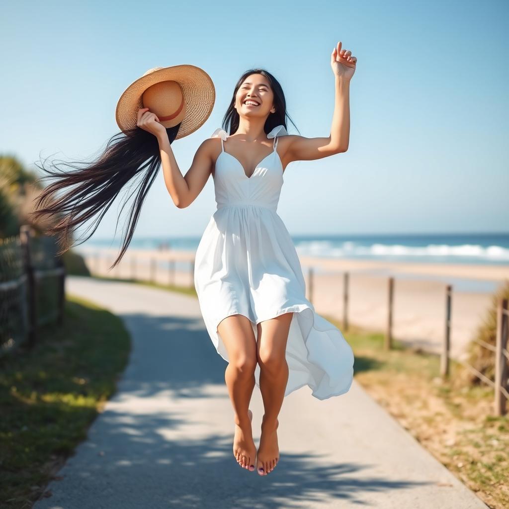 A beautiful Taiwanese woman with long black hair, wearing a light and airy white evening dress and a wide-brimmed straw hat that complements her outfit